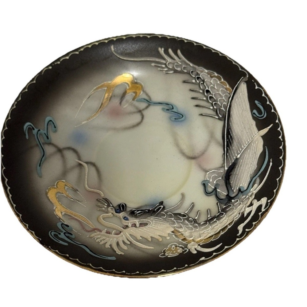 VTG  Japanese Porcelain Dragon Saucers Set of 2 Handpainted Moriage Style Japan